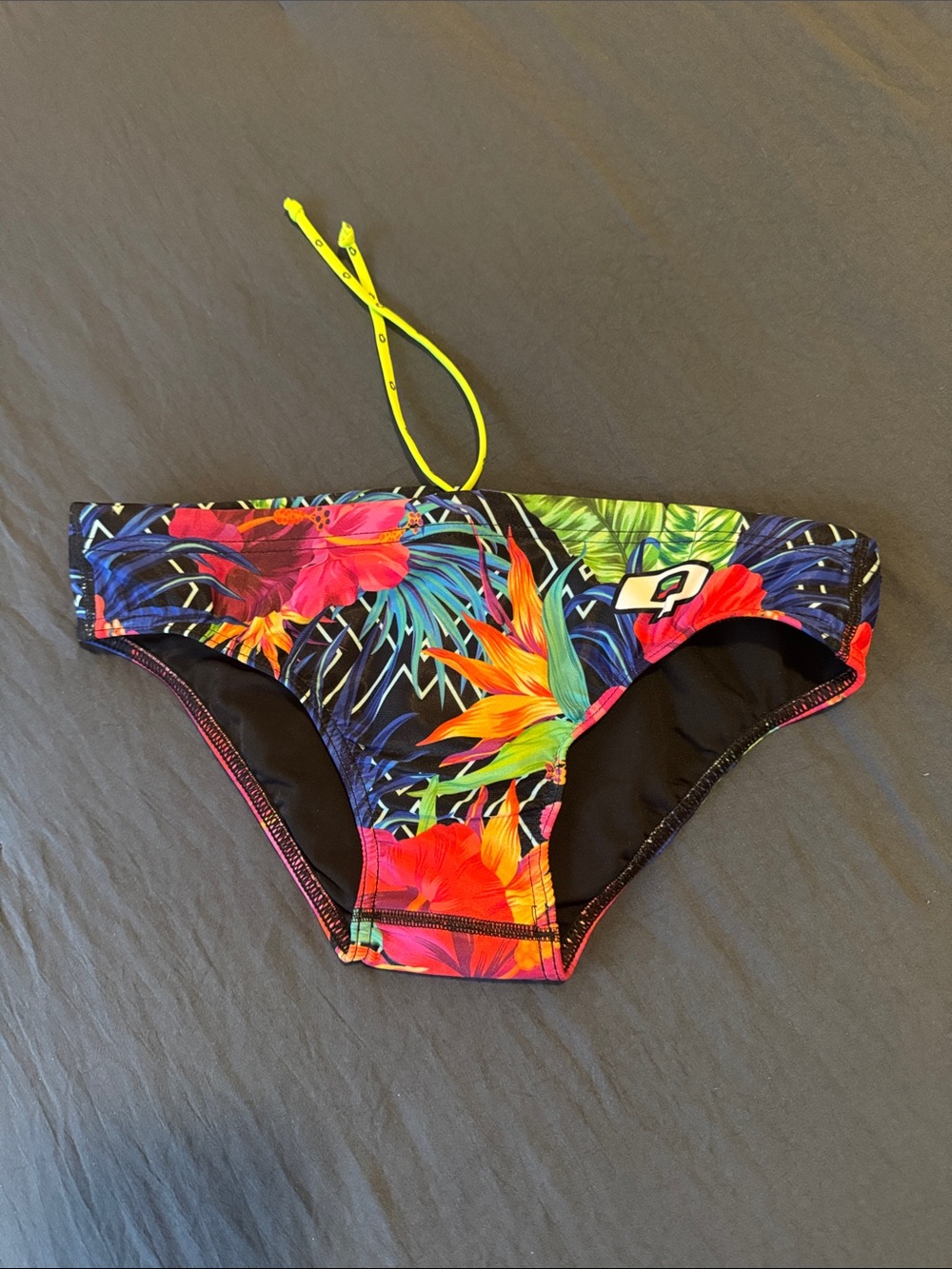 Q Men’s Tropical Floral Swim - Neon Yellow Drawstring, Small, All Over Lining